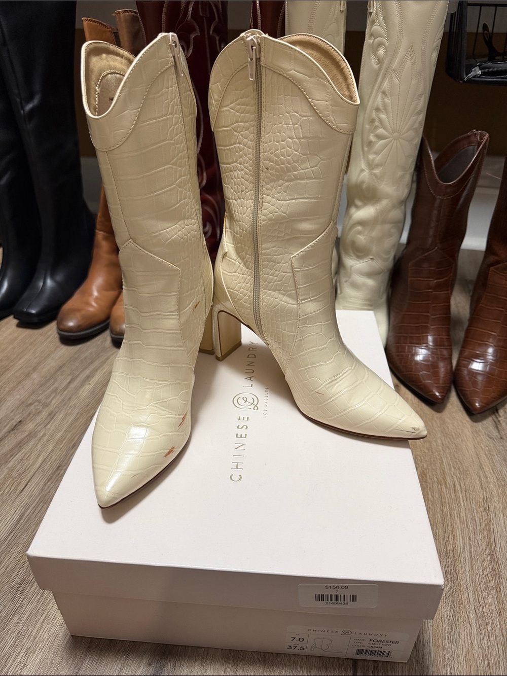 Chinese Laundry Cream Croc-Embossed Pointed-Toe Mid-Calf Heeled Boots